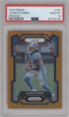 Jahmyr Gibbs from the 2023 Panini Prizm set featuring a Orange Prizm parallel graded by PSA and given an overall grade of 10.