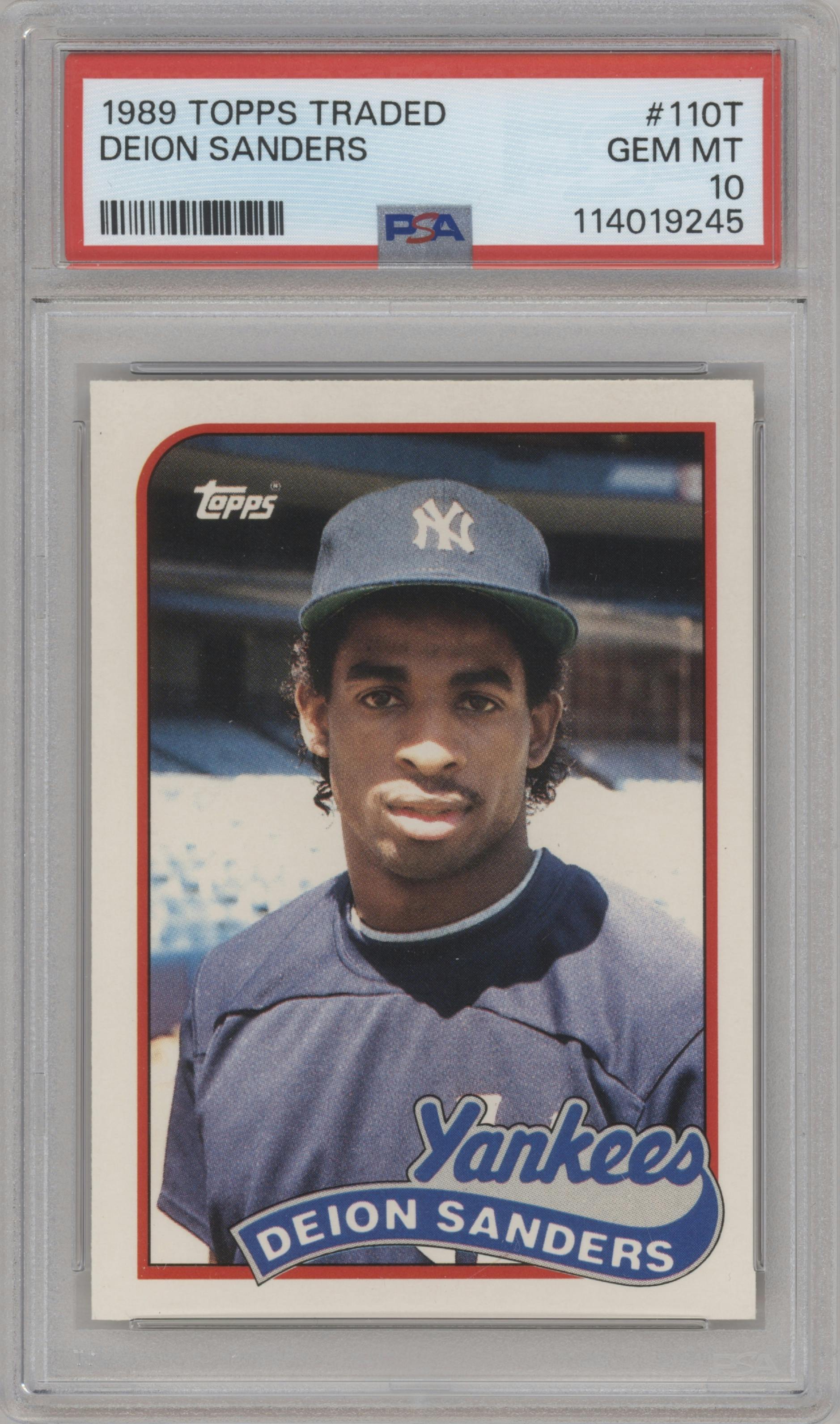 Deion Sanders from the 1989 Topps Traded set graded by PSA and given an overall grade of 10.