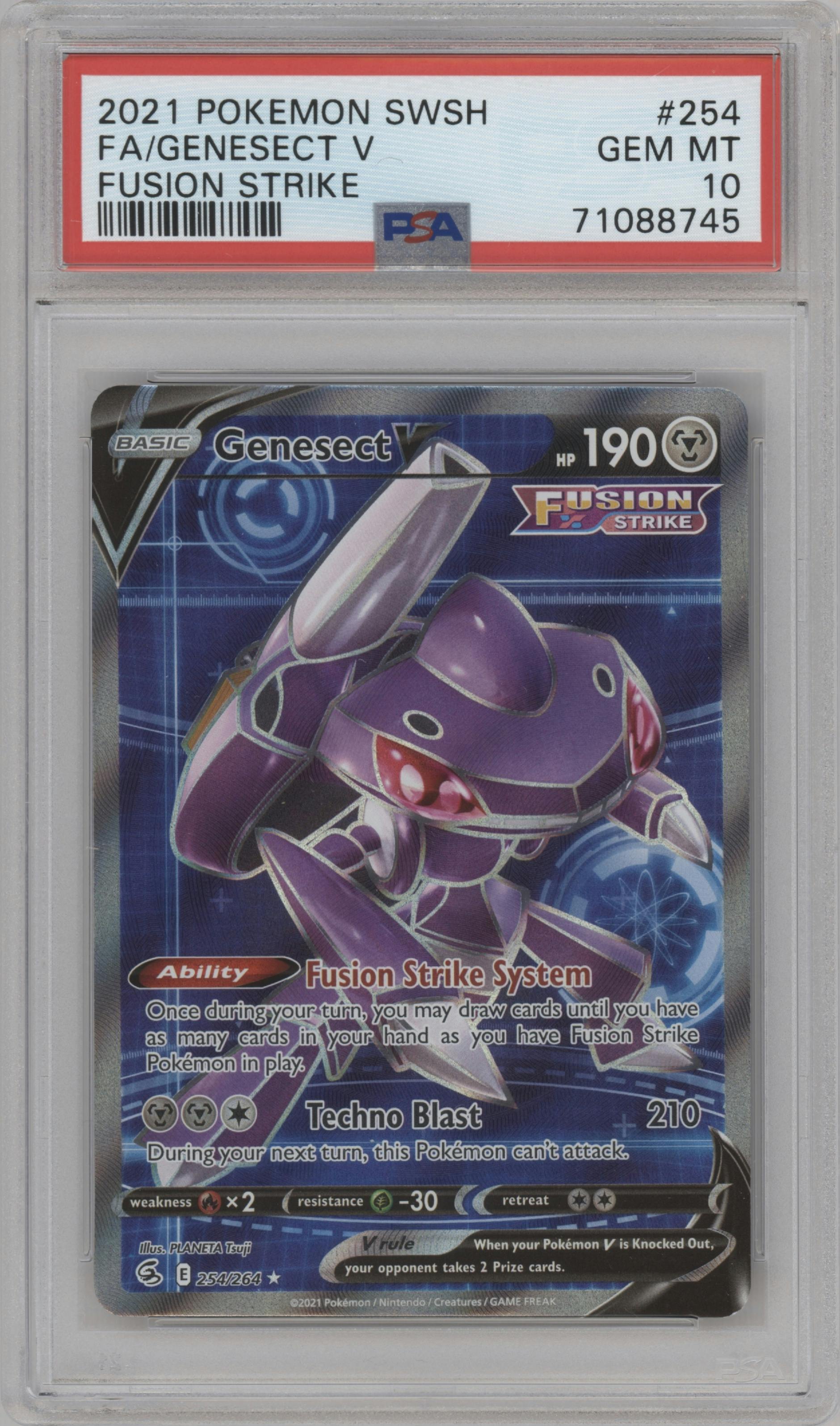 Genesect V from the 2021 Pokemon SWSH set graded by PSA and given an overall grade of 10.