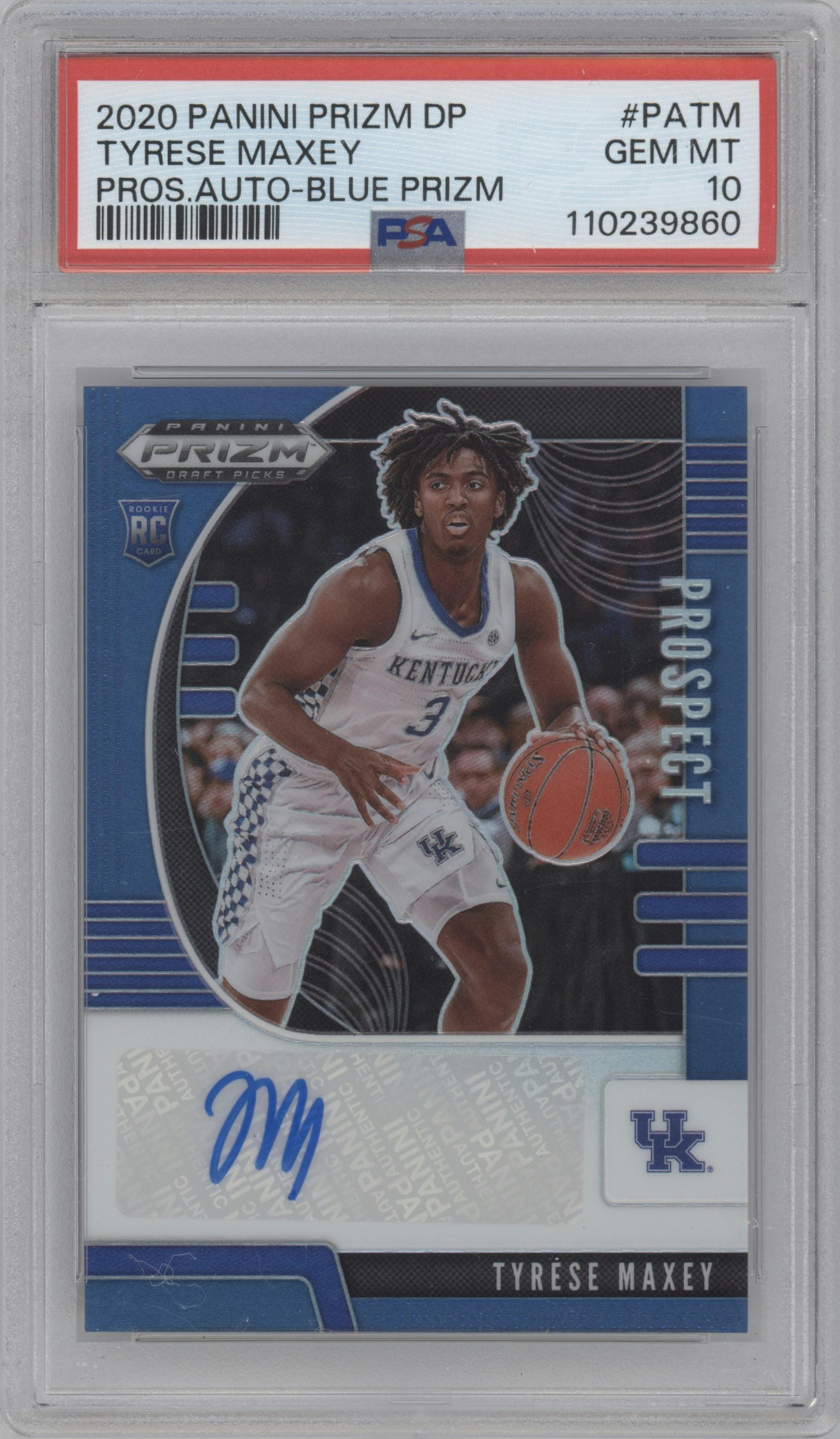 Tyrese Maxey from the 2020-21 Panini Prizm Draft Picks set featuring a Blue Prizm parallel graded by PSA and given an overall grade of 10.