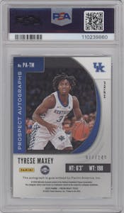 Tyrese Maxey from the 2020-21 Panini Prizm Draft Picks set featuring a Blue Prizm parallel graded by PSA and given an overall grade of 10.