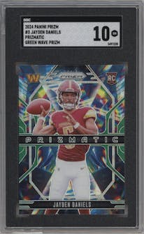Jayden Daniels from the 2024 Panini Prizm set featuring a Green Wave parallel graded by SGC and given an overall grade of 10.