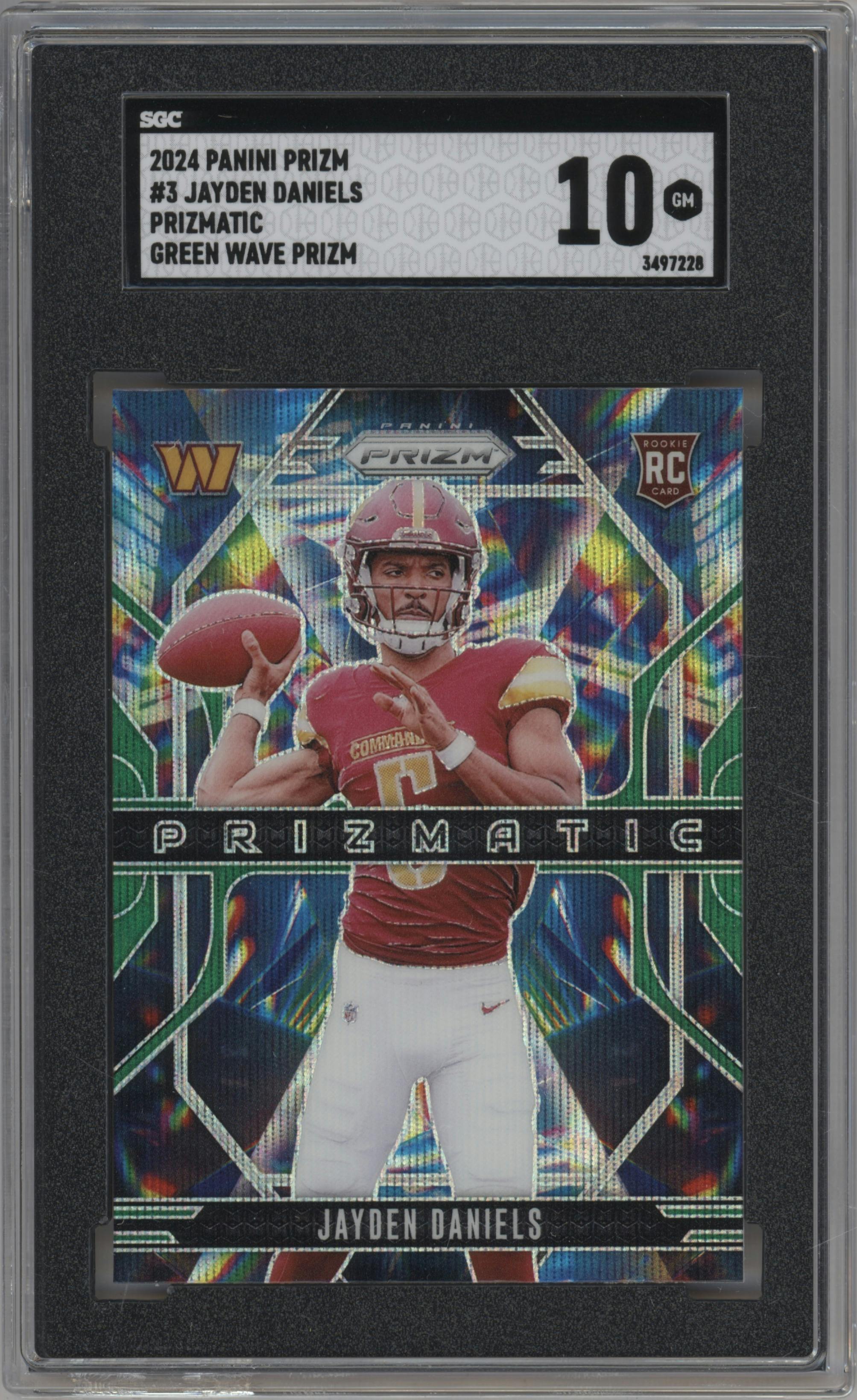 Jayden Daniels from the 2024 Panini Prizm set featuring a Green Wave parallel graded by SGC and given an overall grade of 10.
