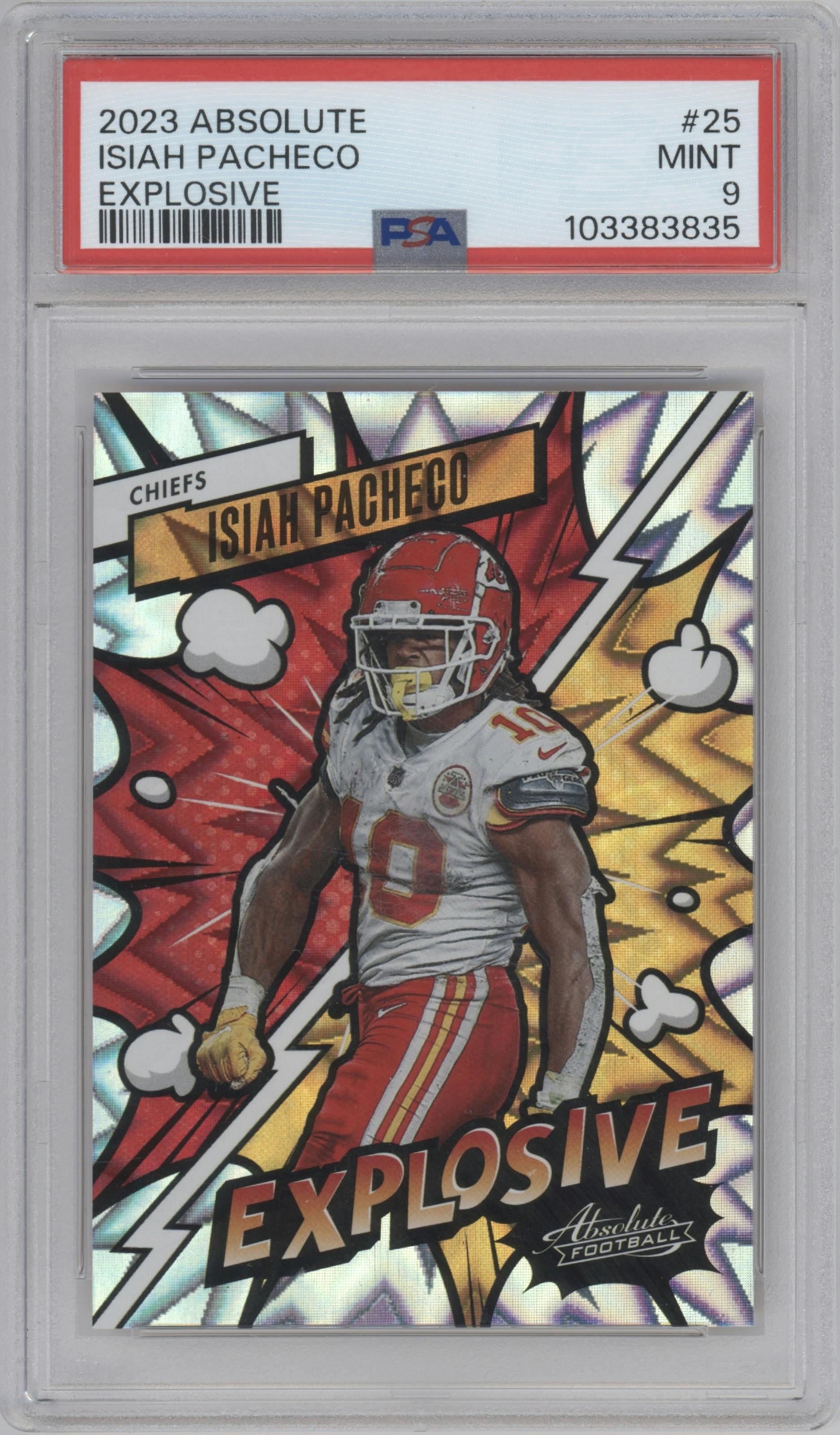 Isiah Pacheco from the 2023 Panini Absolute set graded by PSA and given an overall grade of 9.