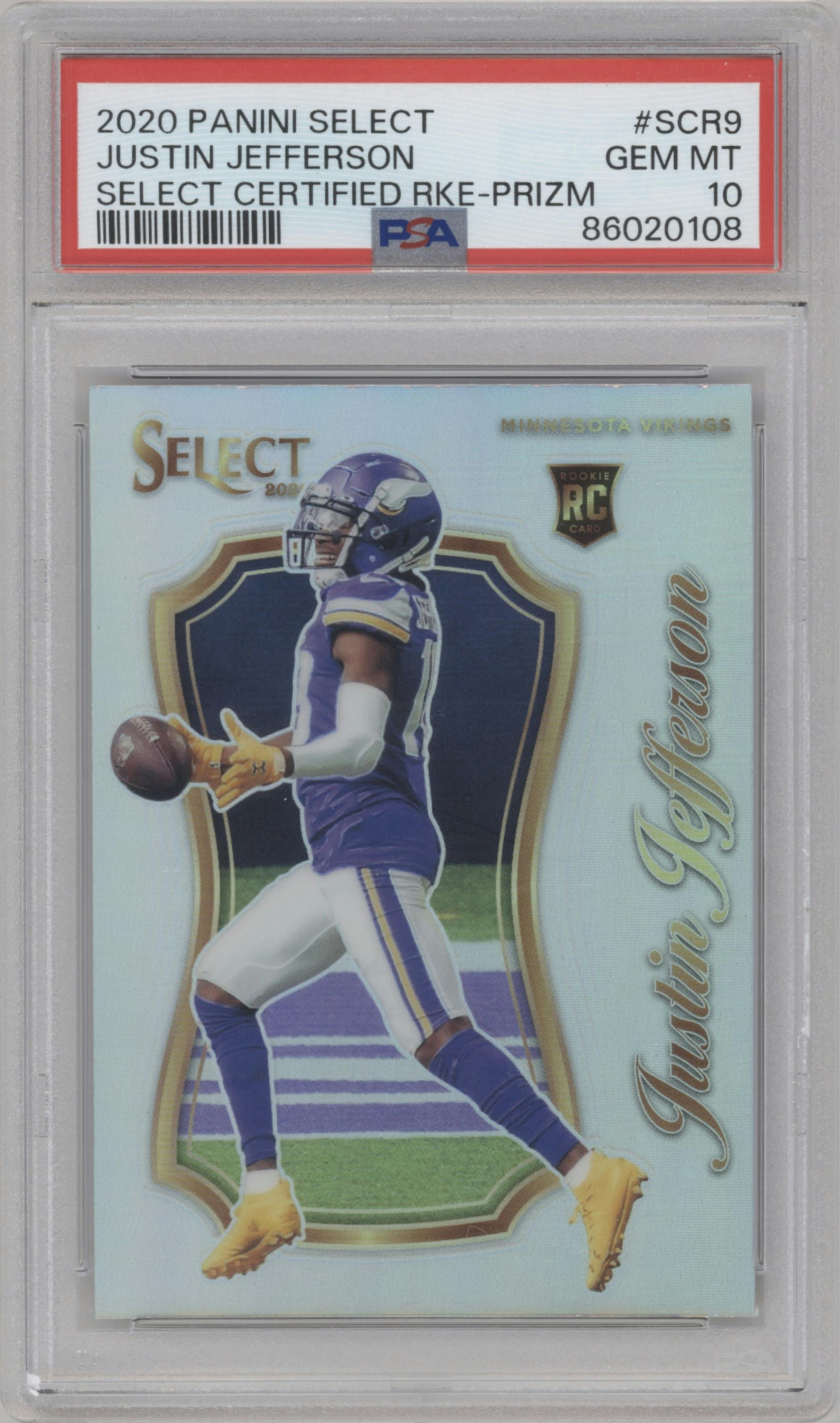 Justin Jefferson from the 2020 Panini Select set featuring a Prizm  parallel graded by PSA and given an overall grade of 10.