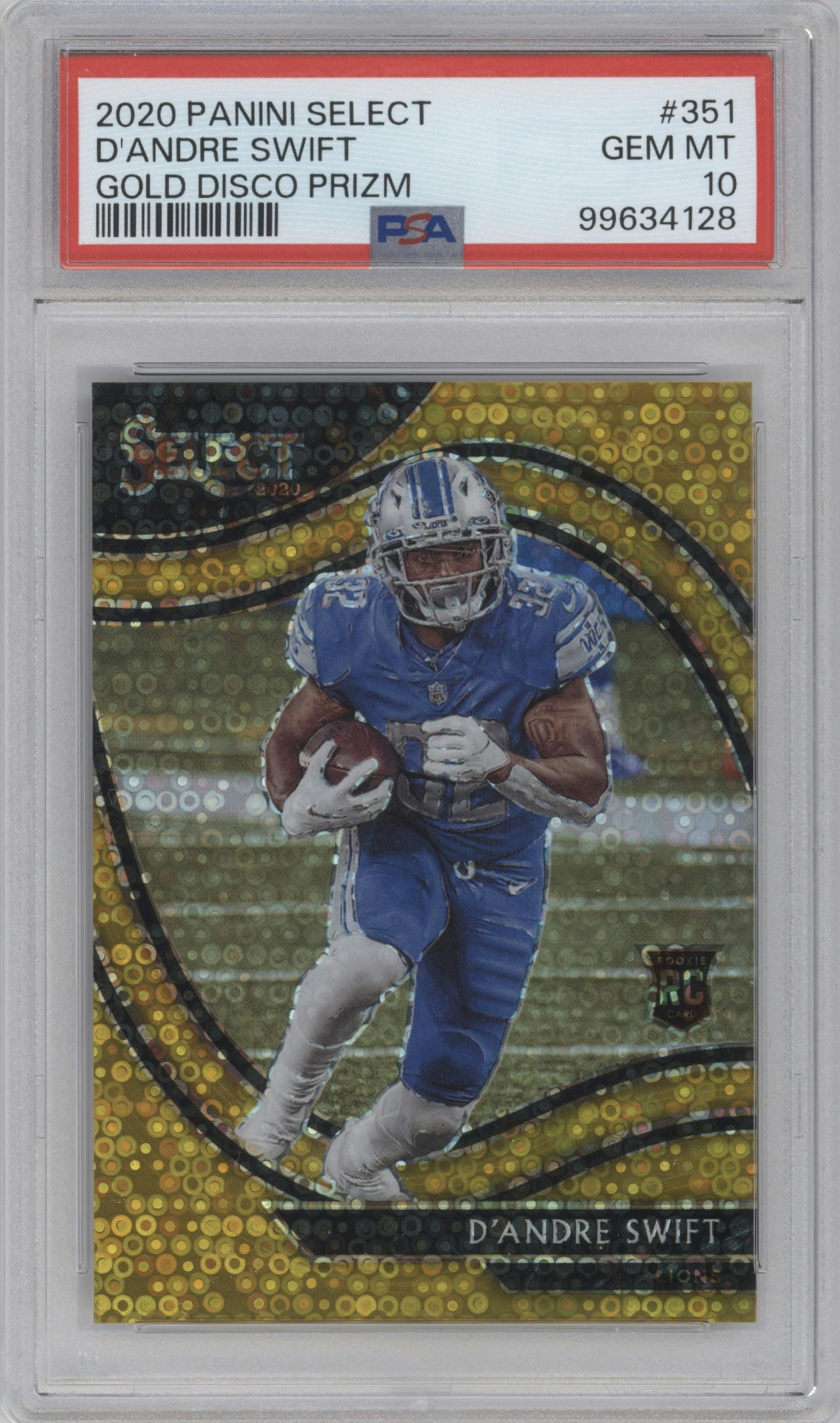 D'Andre Swift from the 2020 Panini Select set featuring a Disco Gold parallel graded by PSA and given an overall grade of 10.
