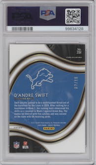 D'Andre Swift from the 2020 Panini Select set featuring a Disco Gold parallel graded by PSA and given an overall grade of 10.
