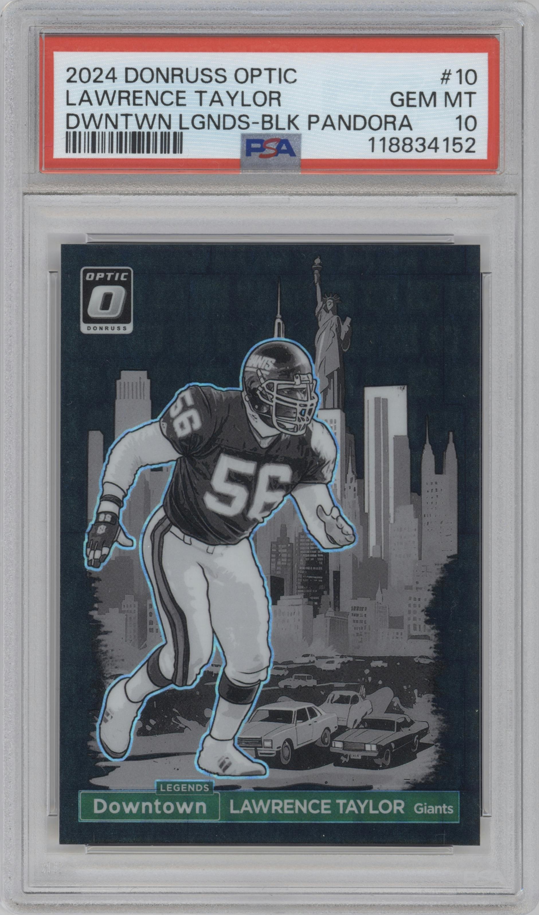 Lawrence Taylor from the 2024 Donruss Optic set featuring a Black Pandora parallel graded by PSA and given an overall grade of 10.