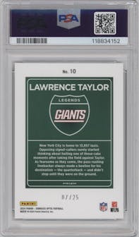 Lawrence Taylor from the 2024 Donruss Optic set featuring a Black Pandora parallel graded by PSA and given an overall grade of 10.