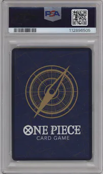Gol.D.Roger from the 2024 One Piece set featuring a Gold Manga Alternate Art parallel graded by PSA and given an overall grade of 10.
