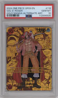 Gol.D.Roger from the 2024 One Piece set featuring a Gold Manga Alternate Art parallel graded by PSA and given an overall grade of 10.