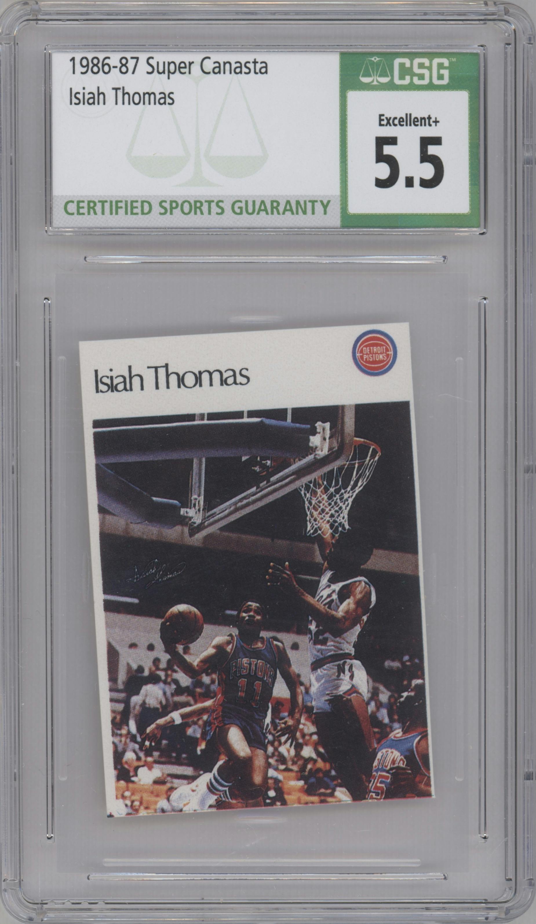 Isiah Thomas from the 1986-87 Super Canasta Stickers (Spanish) set graded by CSG and given an overall grade of 5.5.