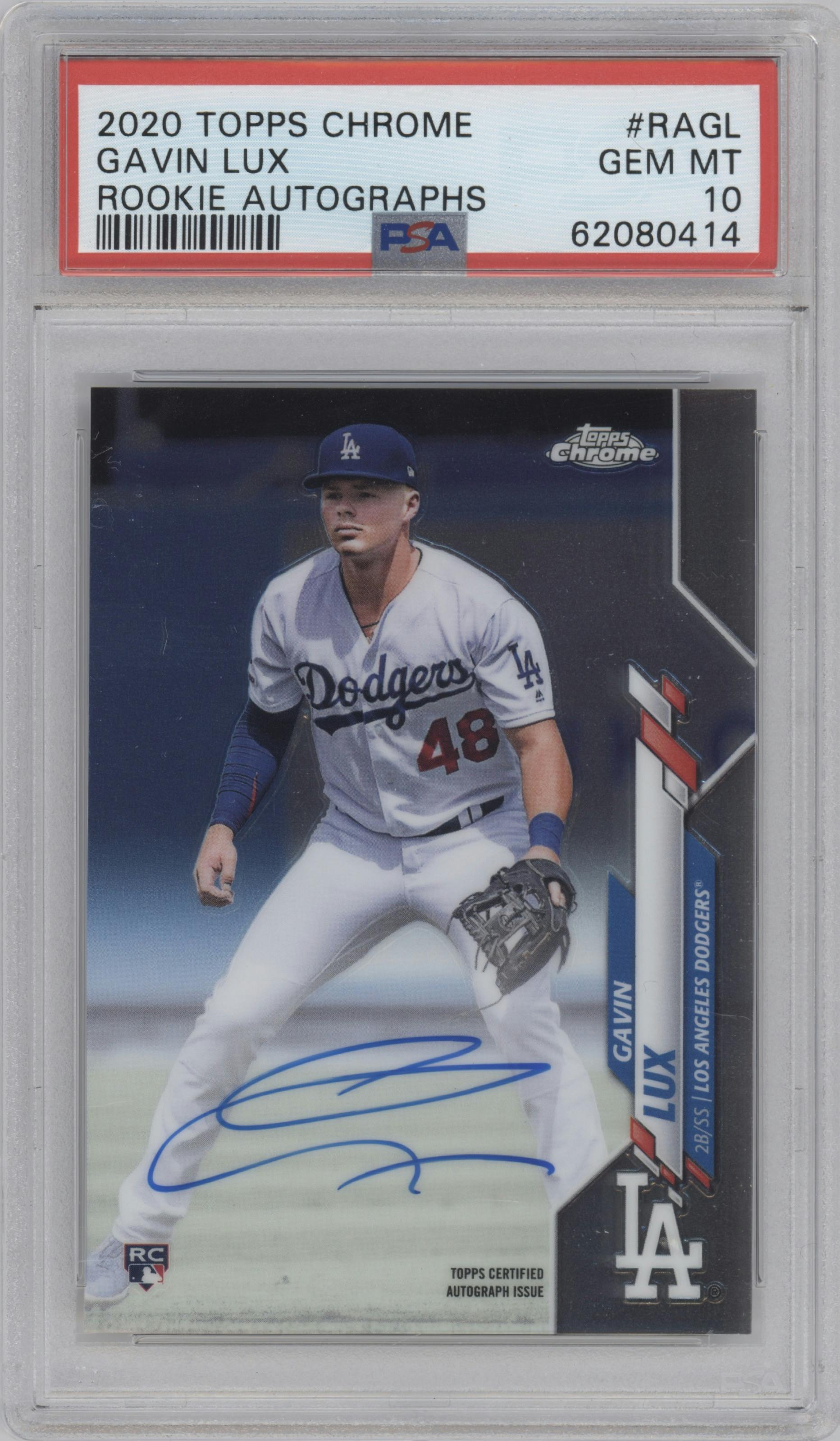 Gavin Lux from the 2020 Topps Chrome set graded by PSA and given an overall grade of 10.