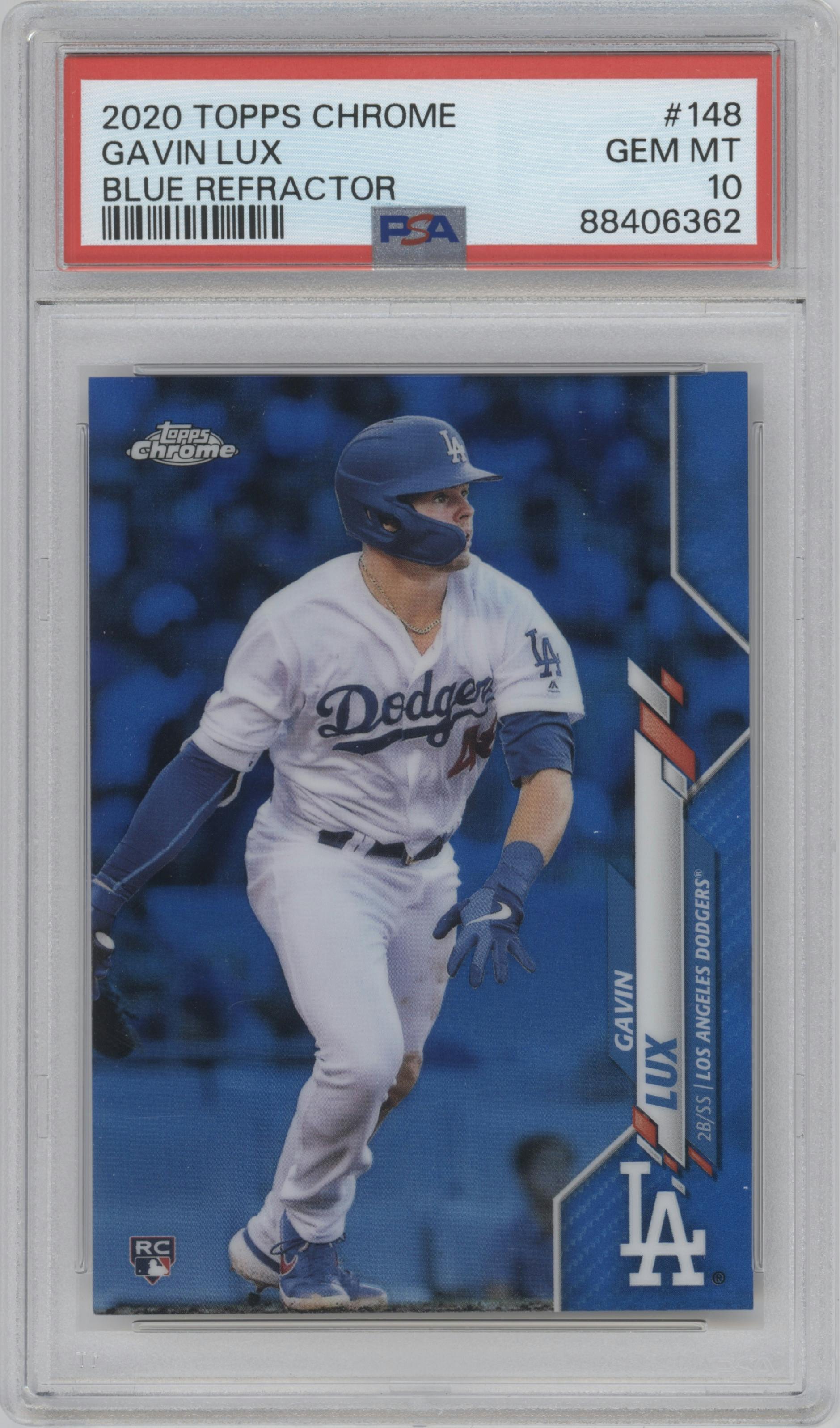 Gavin Lux from the 2020 Topps Chrome set featuring a Blue Refractor parallel graded by PSA and given an overall grade of 10.