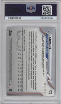 Gavin Lux from the 2020 Topps Chrome set featuring a Blue Refractor parallel graded by PSA and given an overall grade of 10.