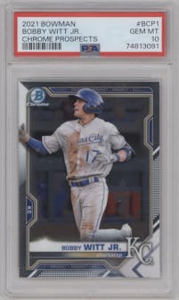 Bobby Witt Jr. from the 2021 Bowman set graded by PSA and given an overall grade of 10.