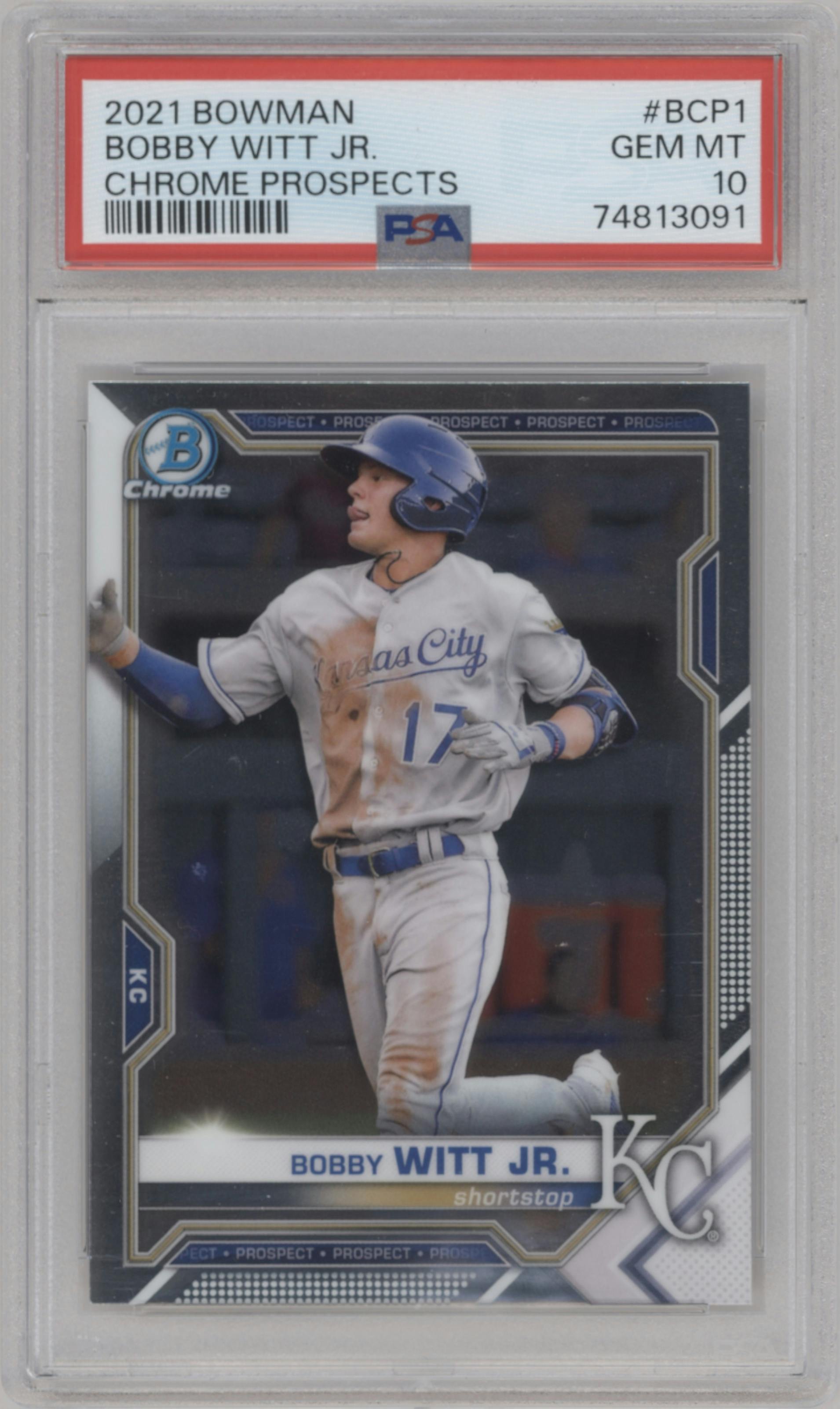 Bobby Witt Jr. from the 2021 Bowman set graded by PSA and given an overall grade of 10.