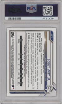 Bobby Witt Jr. from the 2021 Bowman set graded by PSA and given an overall grade of 10.