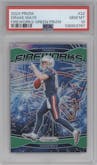 Drake Maye from the 2024 Panini Prizm set featuring a Green Prizm parallel graded by PSA and given an overall grade of 10.