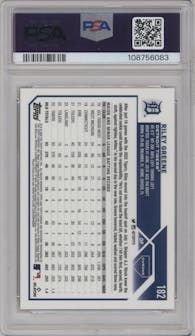 Riley Greene from the 2023 Topps Chrome Logofractor Edition set featuring a Pink Refractor parallel graded by PSA and given an overall grade of 9.