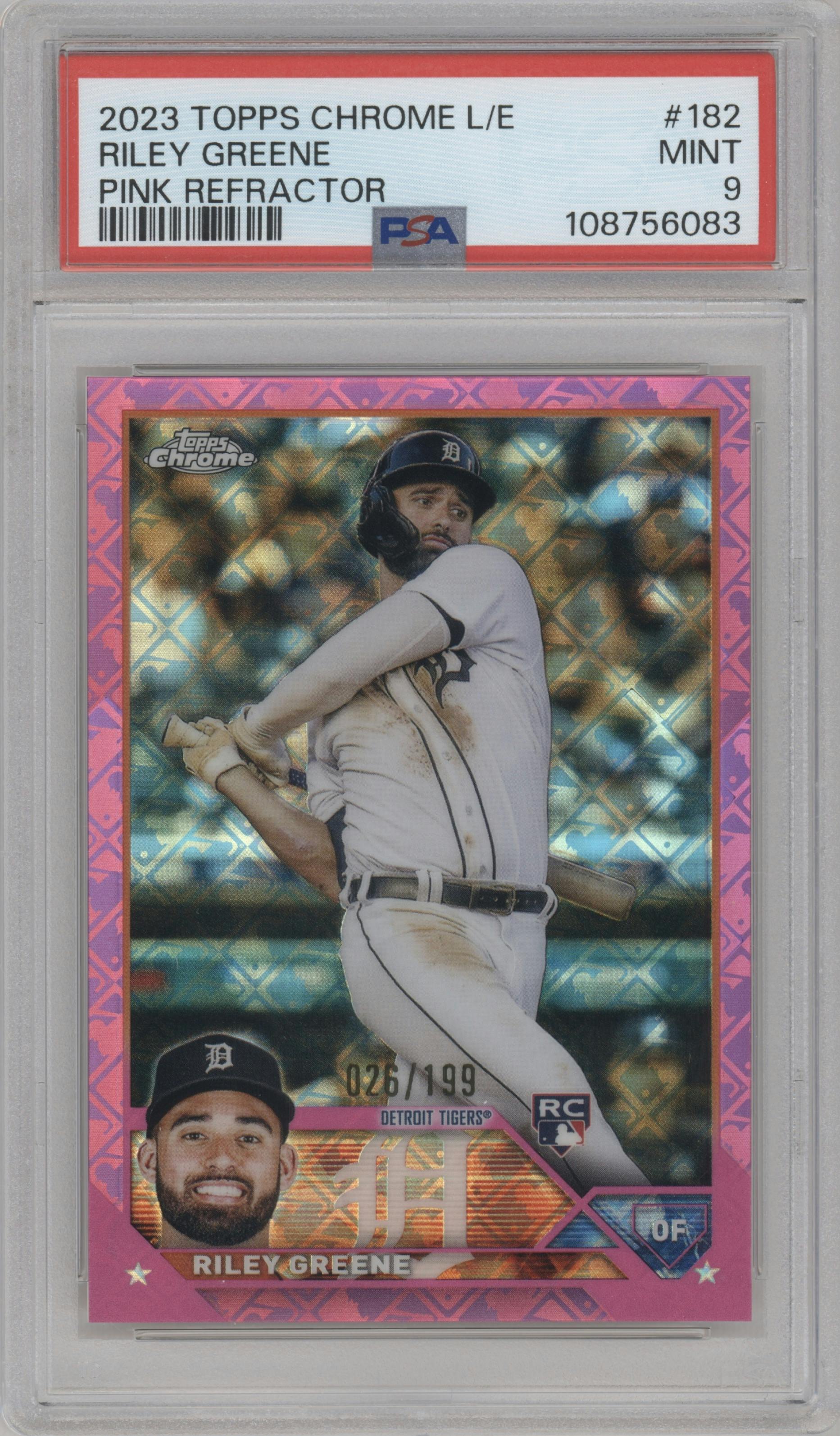 Riley Greene from the 2023 Topps Chrome Logofractor Edition set featuring a Pink Refractor parallel graded by PSA and given an overall grade of 9.