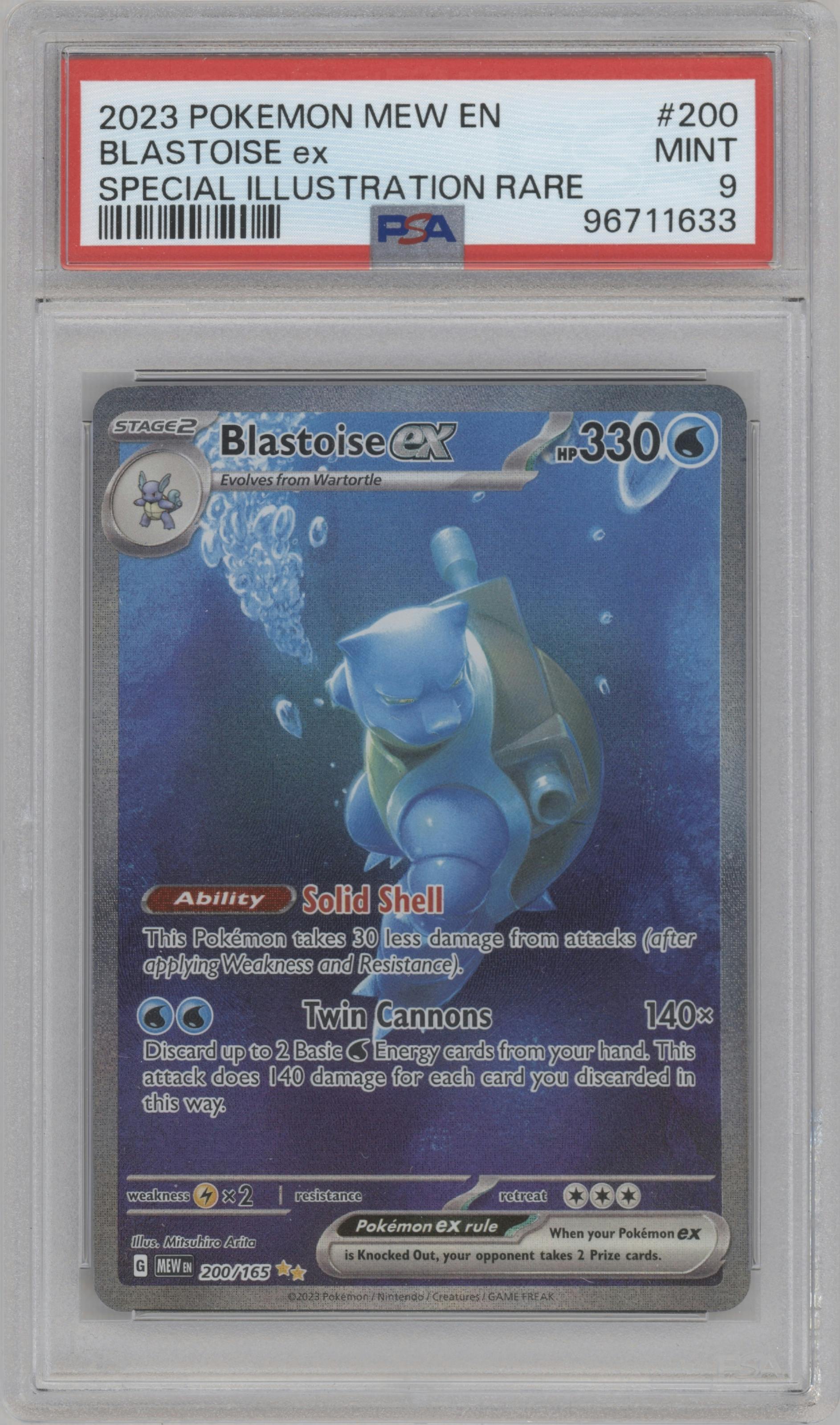 Blastoise ex from the 2023 Pokemon SV set graded by PSA and given an overall grade of 9.