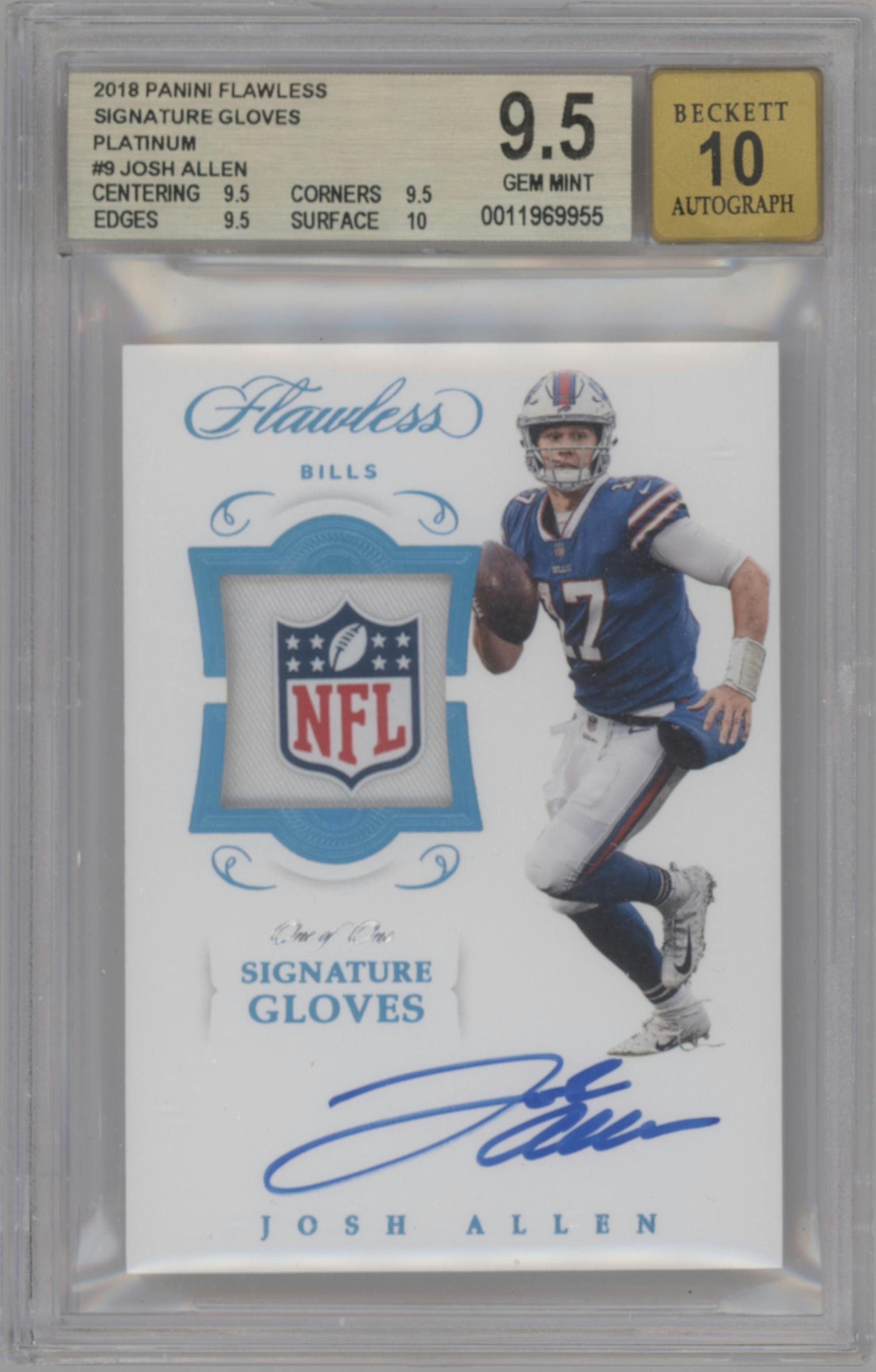 Josh Allen from the 2018 Panini Flawless set featuring a Platinum parallel graded by Beckett and given an overall grade of 9.5.