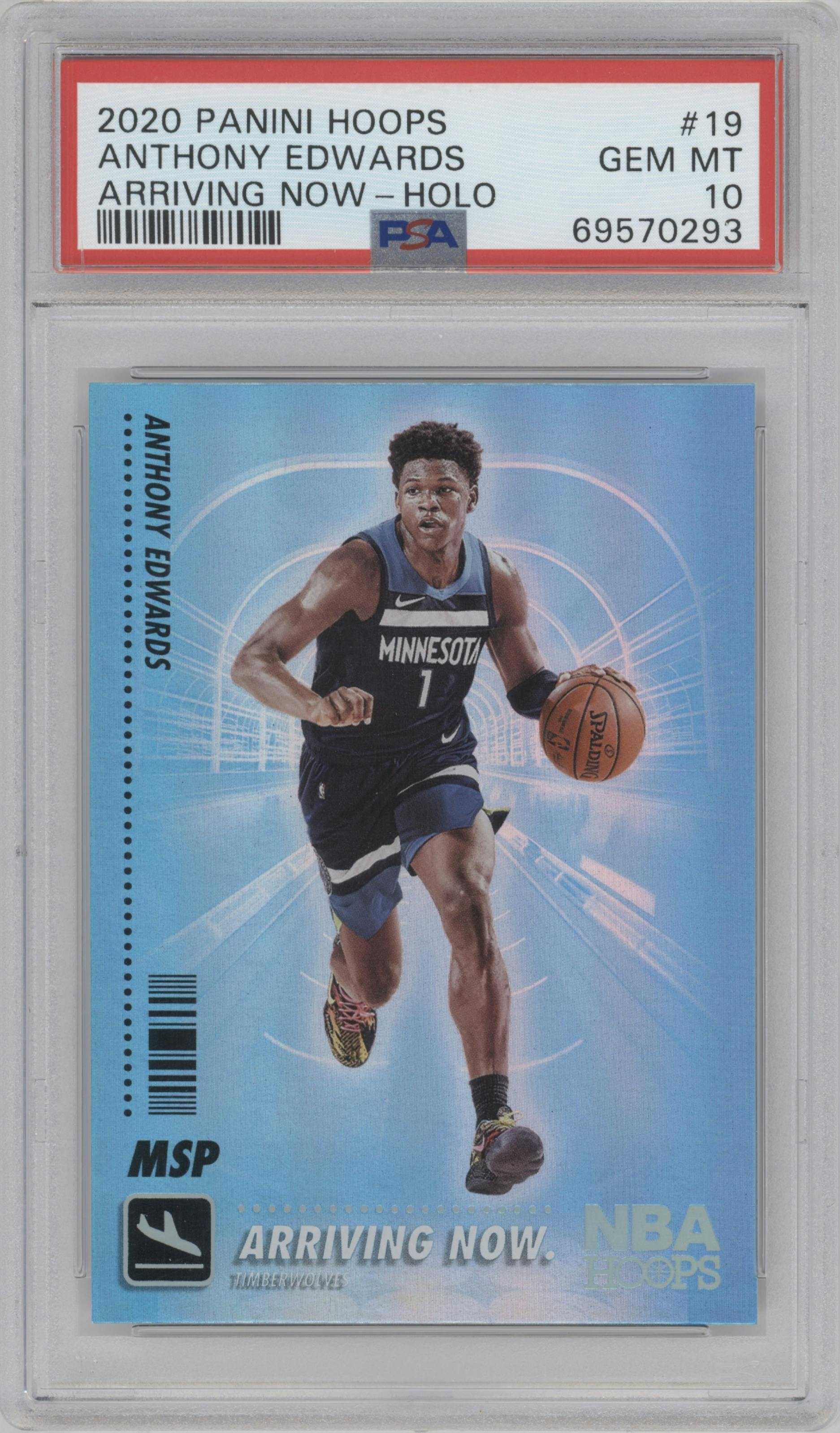 Anthony Edwards from the 2020-21 Panini NBA Hoops set featuring a Holo parallel graded by PSA and given an overall grade of 10.