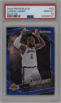 LeBron James from the 2024-25 Panini Prizm Black set featuring a Blue Ice Prizm parallel graded by PSA and given an overall grade of 10.