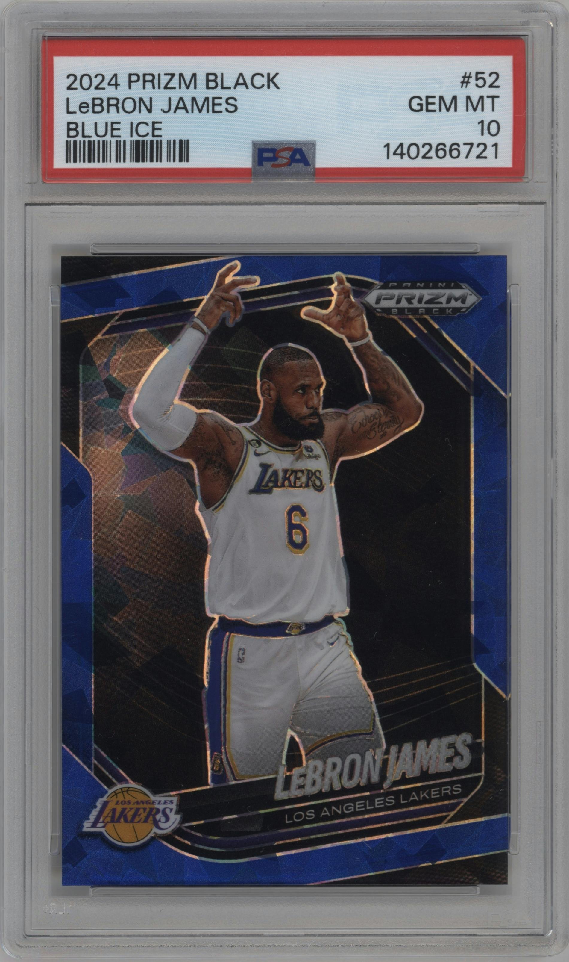 LeBron James from the 2024-25 Panini Prizm Black set featuring a Blue Ice Prizm parallel graded by PSA and given an overall grade of 10.