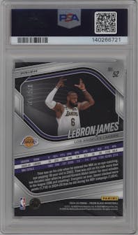 LeBron James from the 2024-25 Panini Prizm Black set featuring a Blue Ice Prizm parallel graded by PSA and given an overall grade of 10.
