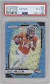 Courtland Sutton from the 2024 Panini Prizm set featuring a Blue Wave Prizm parallel graded by PSA and given an overall grade of 10.