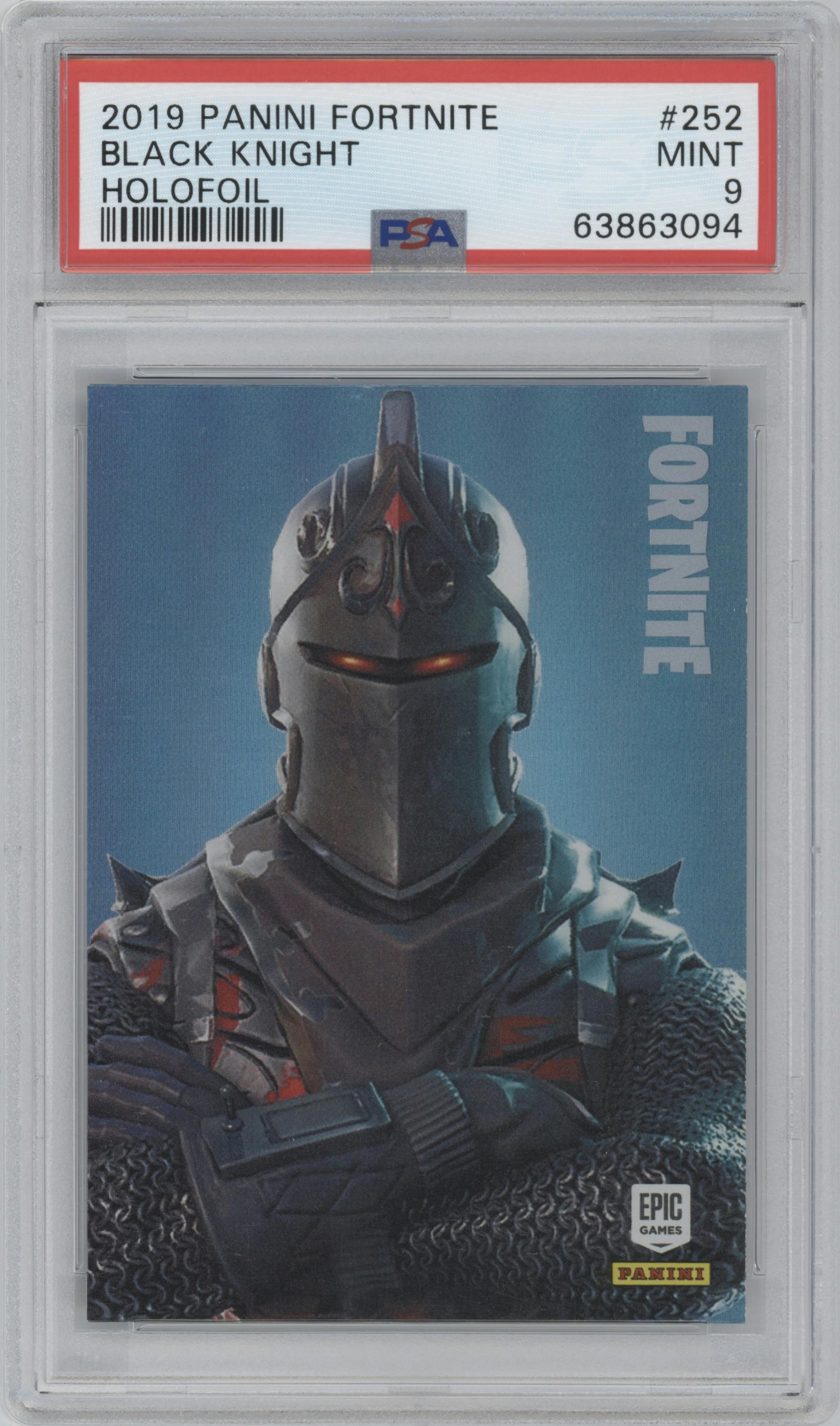 Black Knight from the 2019 Panini Fortnite  set featuring a Holofoil parallel graded by PSA and given an overall grade of 9.