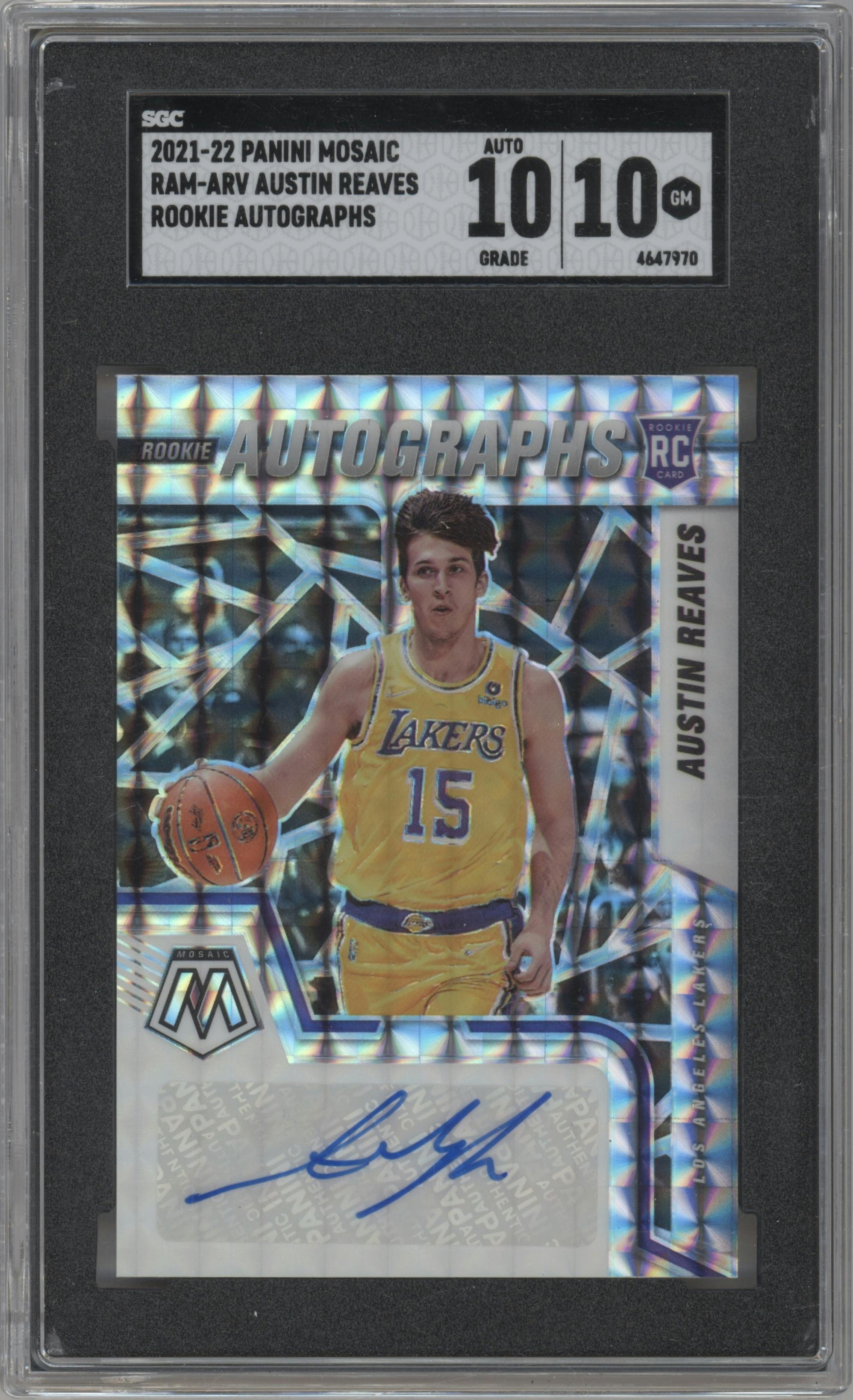 Austin Reaves from the 2021-22 Panini Mosaic  set graded by SGC and given an overall grade of 10.
