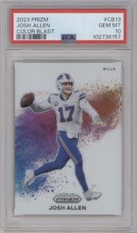 Josh Allen from the 2023 Panini Prizm set graded by PSA and given an overall grade of 10.