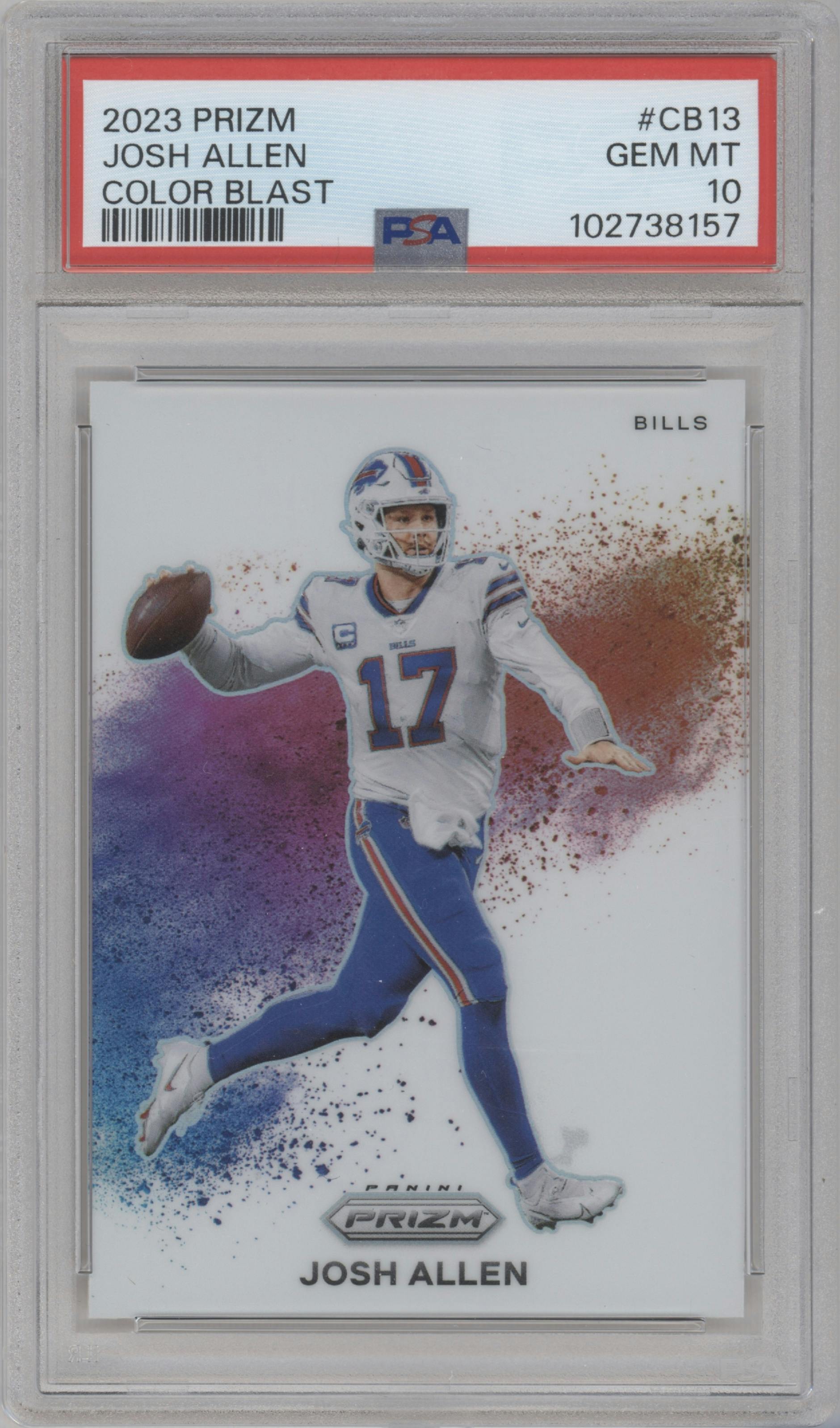 Josh Allen from the 2023 Panini Prizm set graded by PSA and given an overall grade of 10.