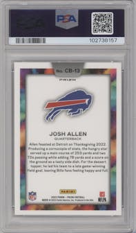Josh Allen from the 2023 Panini Prizm set graded by PSA and given an overall grade of 10.