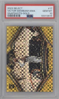 Victor Wembanyama from the 2023-24 Panini Select  set featuring a Gold Prizm parallel graded by PSA and given an overall grade of 10.