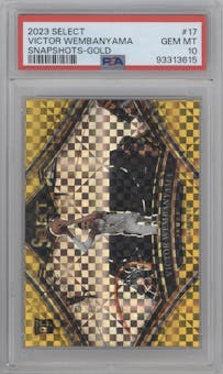 Victor Wembanyama from the 2023-24 Panini Select  set featuring a Gold Prizm parallel graded by PSA and given an overall grade of 10.