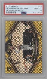 Victor Wembanyama from the 2023-24 Panini Select set featuring a Gold Prizm parallel graded by PSA and given an overall grade of 10.