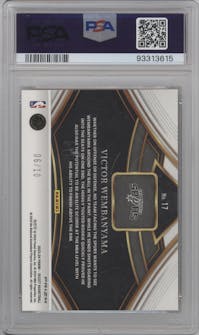 Victor Wembanyama from the 2023-24 Panini Select  set featuring a Gold Prizm parallel graded by PSA and given an overall grade of 10.