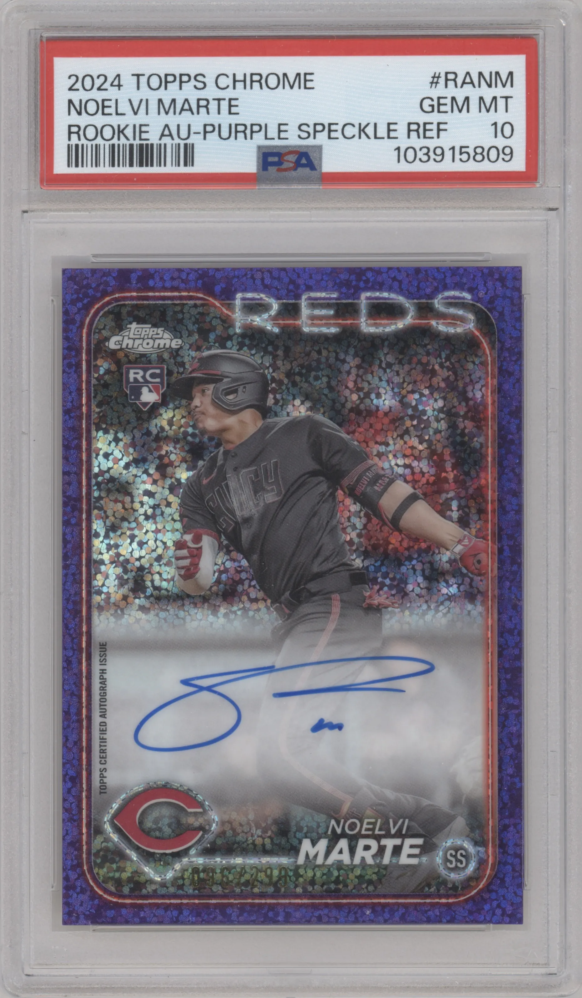 2024 Topps Chrome Rke.Auto Noelvi Marte Purple Speckle Refractor #RA-NM PSA 10
