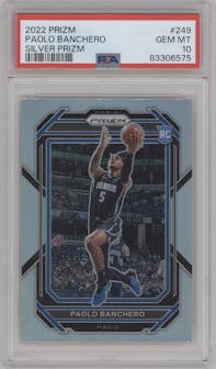 Paolo Banchero from the 2022-23 Panini Prizm  set featuring a Silver Prizm parallel graded by PSA and given an overall grade of 10.