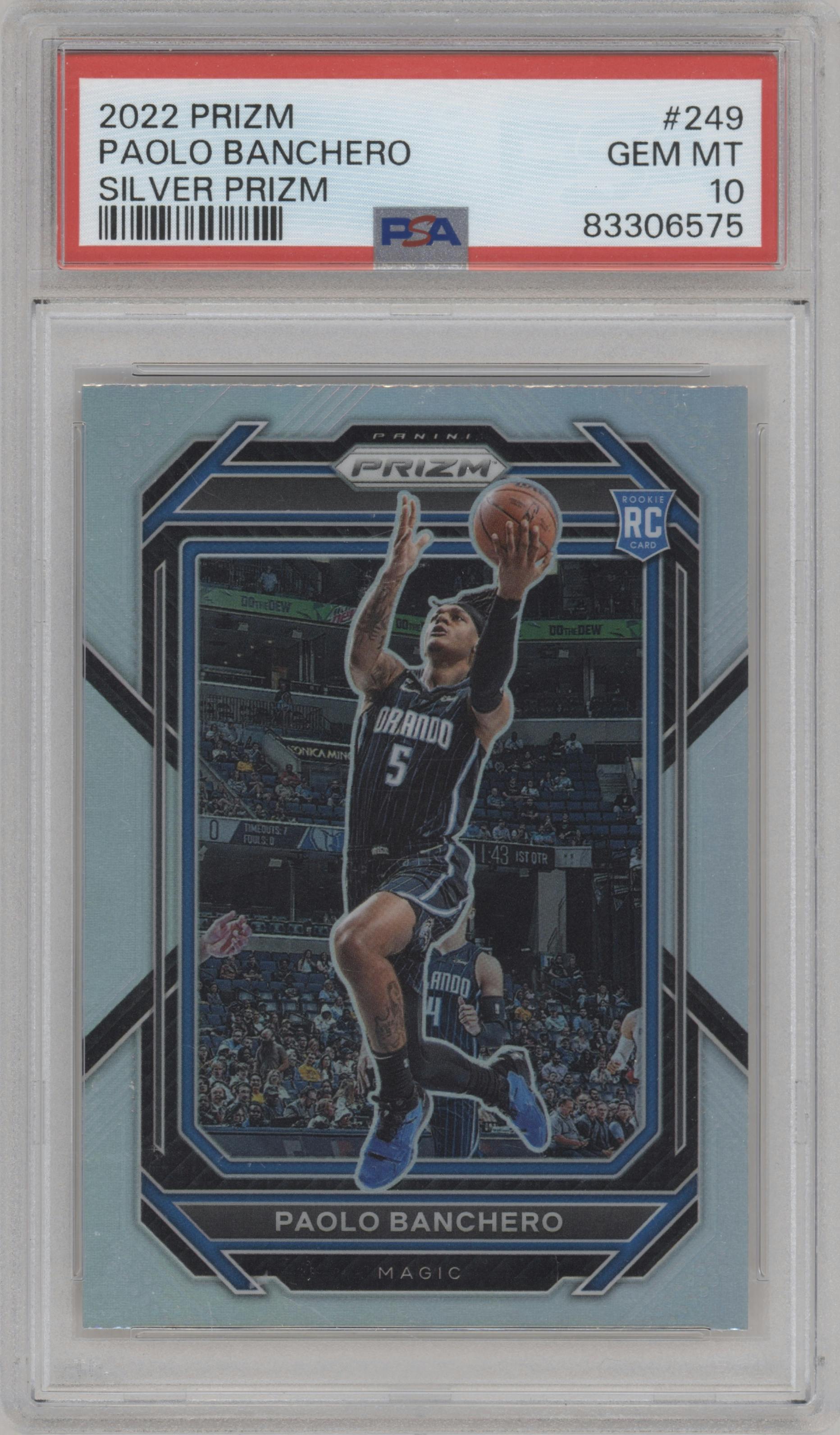 Paolo Banchero from the 2022-23 Panini Prizm  set featuring a Silver Prizm parallel graded by PSA and given an overall grade of 10.