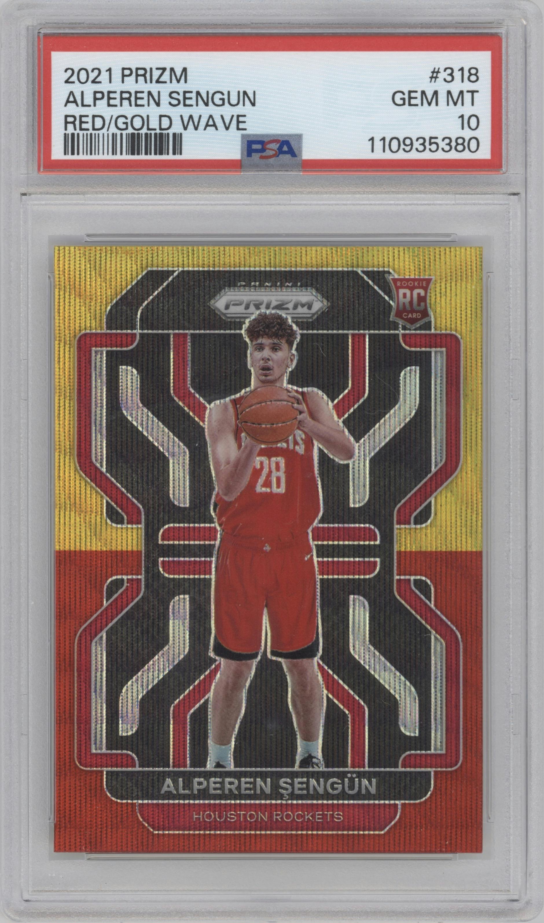Alperen Sengun from the 2021-22 Panini Prizm  set featuring a Red Gold Wave parallel graded by PSA and given an overall grade of 10.