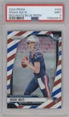 Drake Maye from the 2024 Panini Prizm set featuring a Red/White/Blue Prizm parallel graded by PSA and given an overall grade of 9.