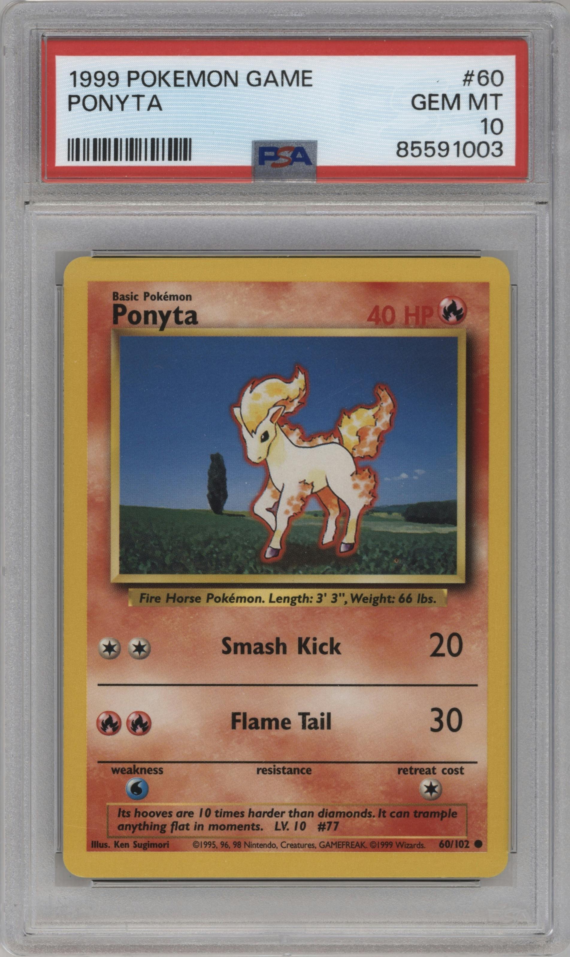 Ponyta from the 1999 Pokemon set graded by PSA and given an overall grade of 10.