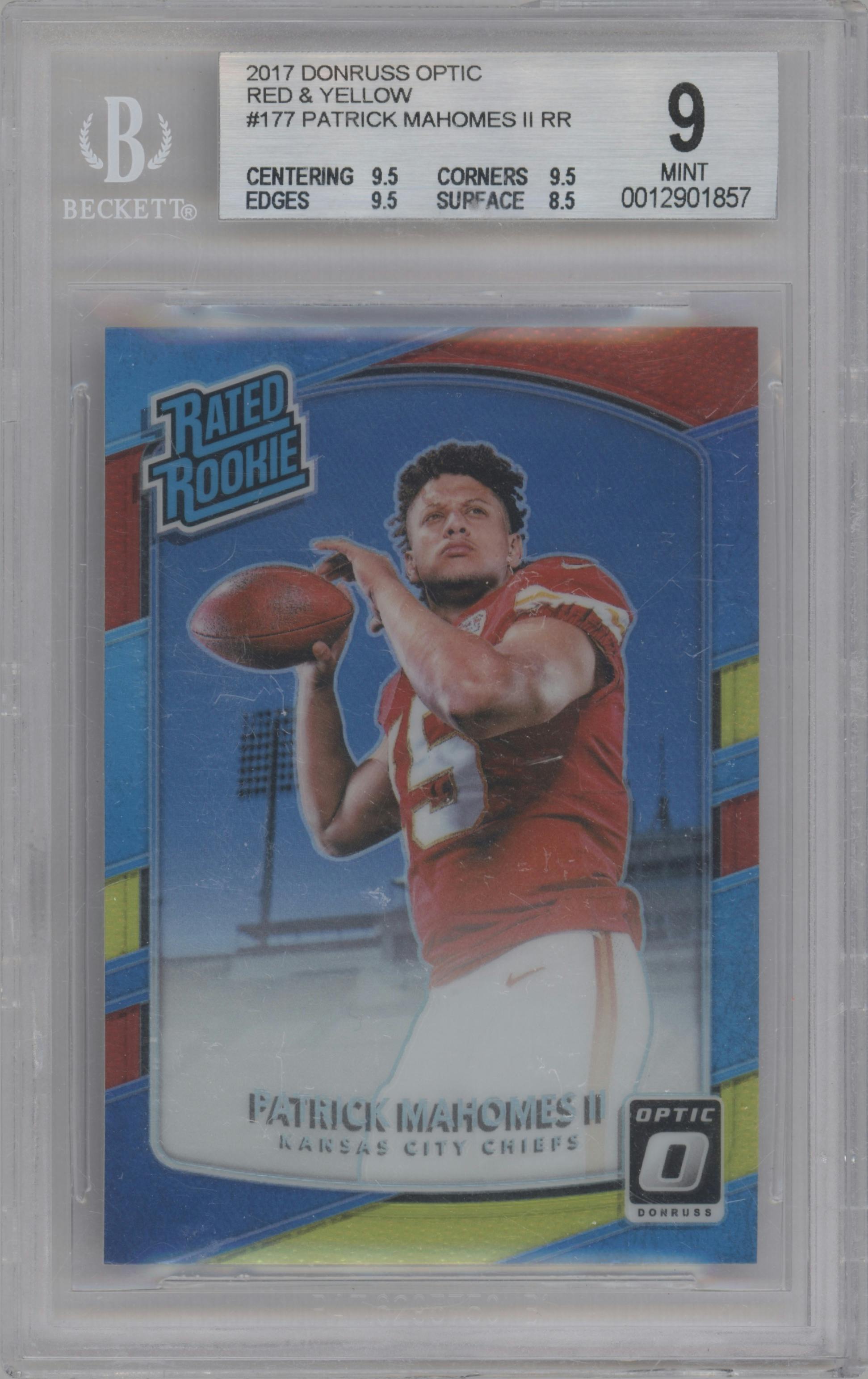 Patrick Mahomes II from the 2017 Panini Donruss Optic set featuring a Red/Yellow parallel graded by Beckett and given an overall grade of 9.