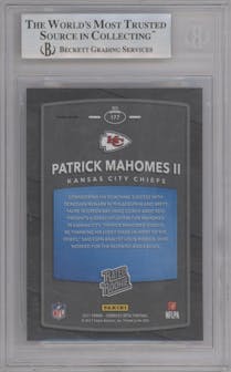Patrick Mahomes II from the 2017 Panini Donruss Optic set featuring a Red/Yellow parallel graded by Beckett and given an overall grade of 9.