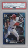 Dylan Carlson from the 2016 Bowman Draft set featuring a Blue Refractor parallel graded by PSA and given an overall grade of 10.